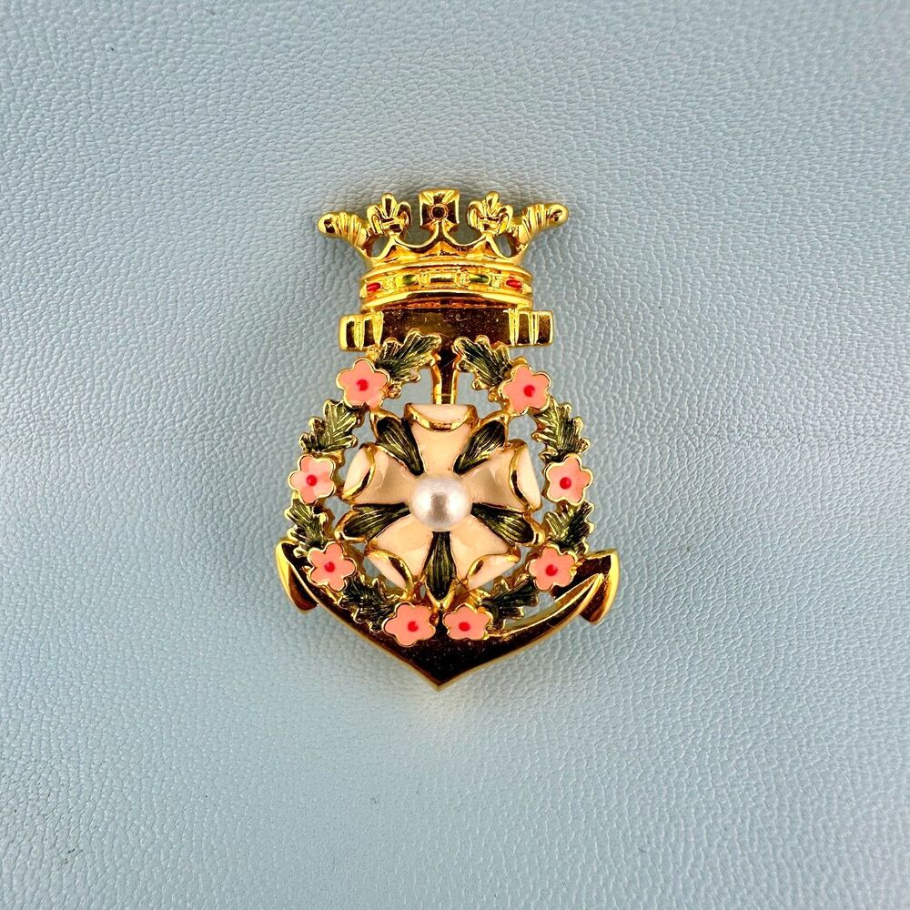 Vintage Joan Rivers Brooch Queen Mary Royal Marriage Enamel Flower Crown Anchor